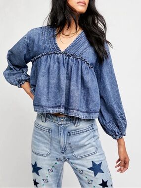 Free People Charlotte Denim Peasant Blouse Large Indigo Wash